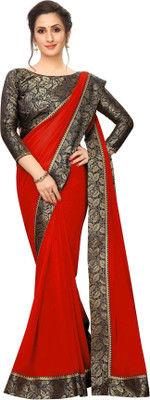 K.C Solid/Plain Bollywood Georgette Saree(Red, Blue)