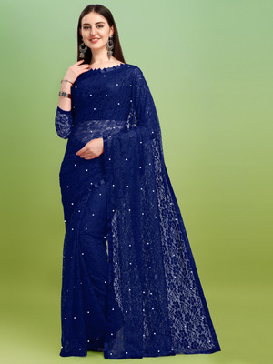 LOROFY Self Design Bollywood Net Saree(Dark Blue)