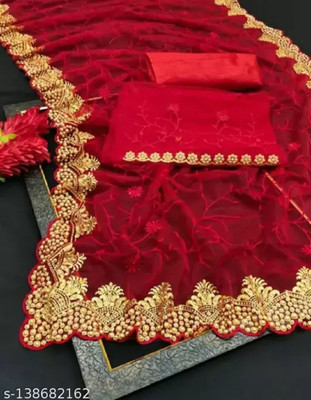 KHRITI FAB Embroidered, Printed Bollywood Net Saree(Red)