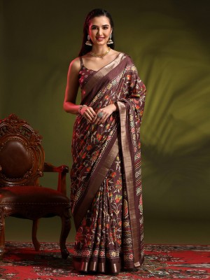 Divastri Printed Madurai Silk Blend Saree(Brown)