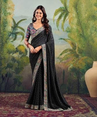 SIRIL Embellished, Embroidered, Printed Bandhani Georgette, Lace Saree(Black)