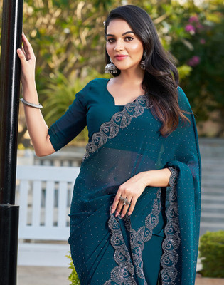 Satrani Embellished, Self Design Bollywood Georgette Saree(Blue)