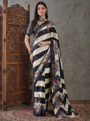 HouseOfCommon Paisley, Floral Print, Geometric Print, Digital Print Bollywood Silk Blend Saree(Black, Cream)