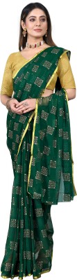 Desi Style Striped Chanderi Velvet, Chiffon Saree(Dark Green)