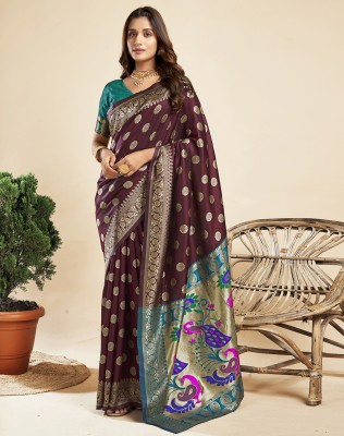 Divastri Self Design, Woven Paithani Silk Blend Saree(Brown, Dark Blue)