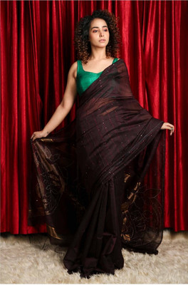 matri textile Woven Handloom Cotton Silk Saree(Brown)
