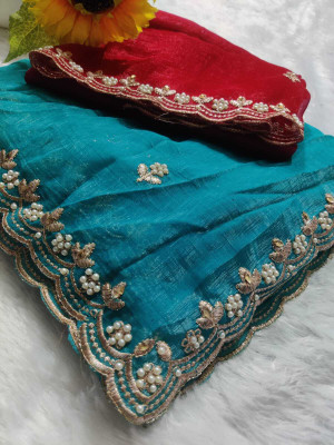 AARTI PRINTS Embroidered Bollywood Silk Blend Saree(Dark Blue)