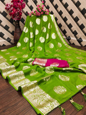 OM international Woven Bollywood Viscose Rayon Saree(Green)