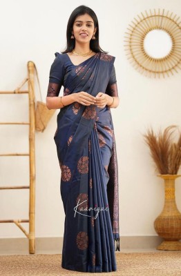 Sarvada Self Design, Embellished, Woven Kanjivaram Jacquard, Cotton Silk Saree(Blue)