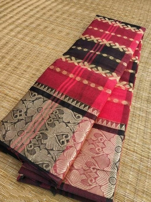 p fashion Printed Bhagalpuri Pure Cotton Saree(Red, Black)
