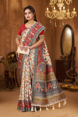 Ankit Floral Print, Printed Assam Silk Art Silk, Satin Saree(Cream, Red, Multicolor)