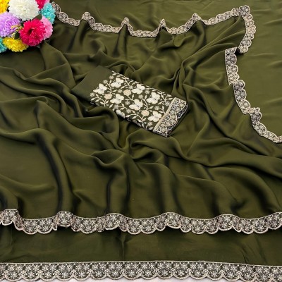 K 5 FASHION Self Design, Solid/Plain, Embroidered Bollywood Chiffon Saree(Light Green)