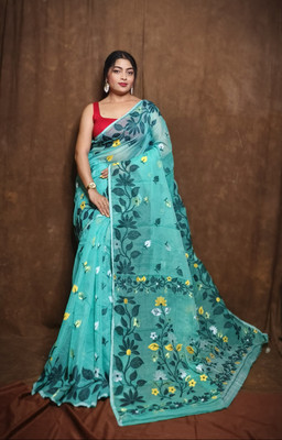 Rnn Saree Embroidered Jamdani Cotton Silk Saree(Blue)