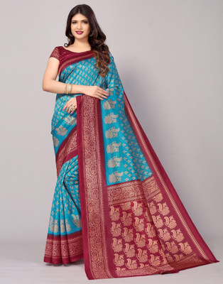 Samah Printed Banarasi Silk Blend Saree(Blue, Maroon)