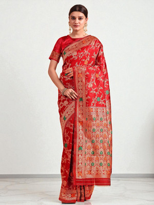 fFASHION Embroidered Banarasi Art Silk, Cotton Silk Saree(Red)