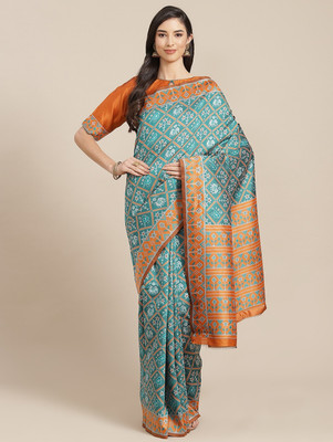 SERONA FABRICS Printed Banarasi Art Silk Saree(Light Blue, Orange)
