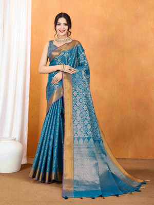 Tasrika Woven Banarasi Silk Blend Saree(Blue)