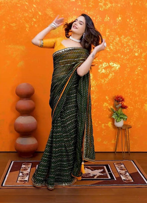 Parmila Fashion Printed Bandhani Georgette Saree(Dark Green)