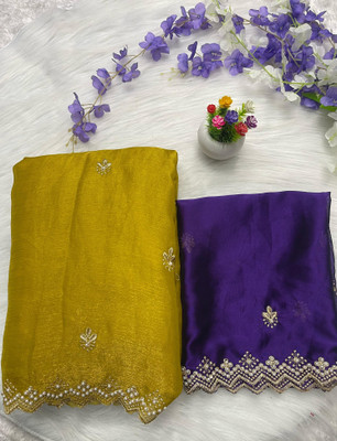 Tradivibe Embroidered Bollywood Chiffon Saree(Yellow, Dark Blue)
