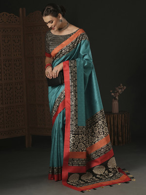 Divastri Printed Sambalpuri Silk Blend Saree(Blue)