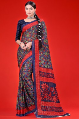 Leelavati Printed Daily Wear Georgette Saree(Dark Blue, Red)