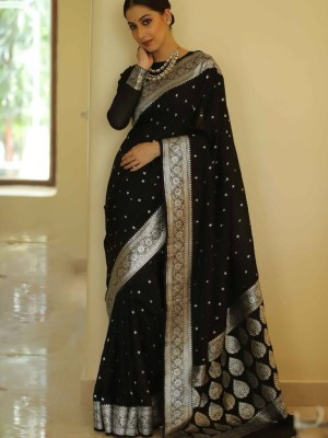 LEAFSY Self Design Banarasi Jacquard Saree(Black)