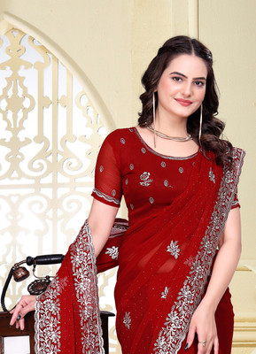 Mikhushop Embroidered, Embellished Bollywood Silk Blend Saree(Red)