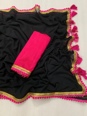 SARETRA MALL Solid/Plain Bollywood Georgette Saree(Black, Pink)