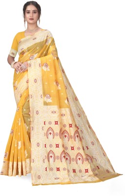 NS WORLD Woven, Paisley Lucknow Chikankari Cotton Linen, Pure Cotton Saree(Yellow)