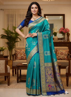 Sarkar Textiles Printed Baluchari Silk Blend Saree(Blue)