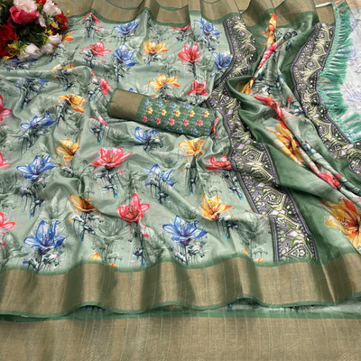 Pionex Printed Handloom Cotton Silk Saree(Green)