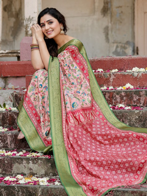 ZAMUNA Digital Print, Floral Print, Woven, Animal Print Banarasi Tussar Silk, Linen Saree(Green, Orange)