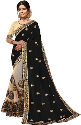 b bella creation Embroidered, Embellished Bollywood Net Saree(Black, Cream)