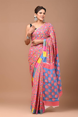 Om Traders Printed Saree with Attached Blouse Cotton Silk Saree(Multicolor)