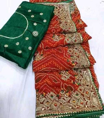 Clever Clothing Tie-Dye, Embroidered, Floral Print, Self Design, Printed Bandhani Georgette Saree(Red)