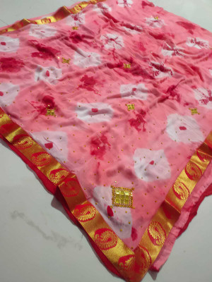 Lambu Fashion Dyed, Printed, Color Block Bandhani Chiffon Saree(Pink)