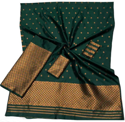 GRUJHA Self Design Mekhela Chador Silk Blend Saree(Green)
