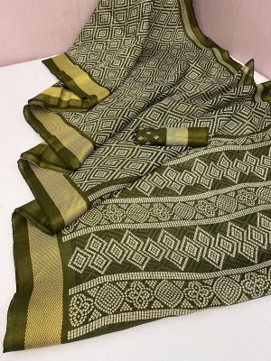 SARETRA MALL Geometric Print Bandhani Cotton Linen Saree(Light Green)