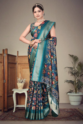 KB DESIGNER Geometric Print, Floral Print, Woven Dharmavaram Cotton Silk Saree(Dark Blue)