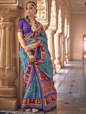 Sareemall Woven Patola Silk Blend Saree(Blue)