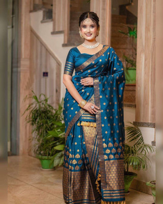 VIHA CREATION Self Design Mekhela Chador Silk Blend Saree(Blue)