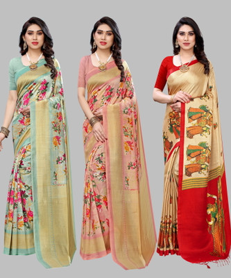 ANIRAV Printed, Paisley, Floral Print Bollywood Art Silk Saree(Pack of 3, Light Green)