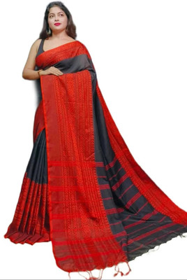 Sabita Embellished, Self Design Handloom Cotton Blend Saree(Red, Black)