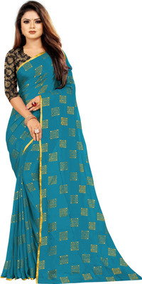 V And V Shop Printed Bollywood Chiffon Saree(Light Blue)