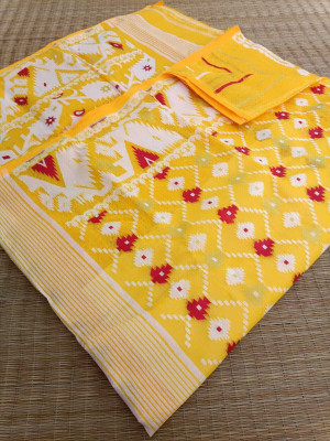 Dristikone Self Design Jamdani Pure Cotton Saree(Yellow)