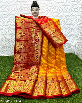 WILLMAKE Solid/Plain Bollywood Jacquard, Art Silk Saree(Yellow)