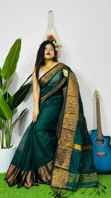 Laxmi Textile Woven, Solid/Plain Handloom Cotton Linen Saree(Dark Green)