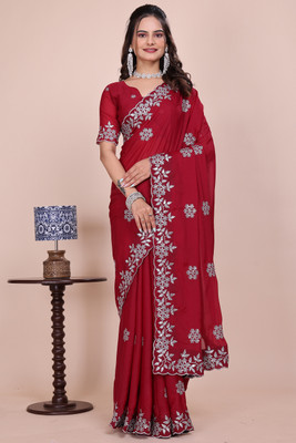 niesha fashion Embroidered Bollywood Chiffon Saree(Maroon)