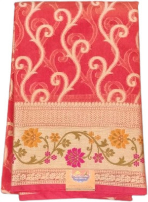 Mithila kashi Creation Floral Print, Woven, Self Design Handloom Cotton Silk Saree(Red)