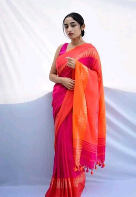 HouseOfCommon Self Design Handloom Cotton Blend Saree(Orange)